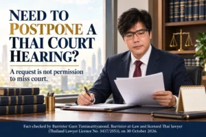 Barrister Garn Tuntasatityanond reviewing a court appointment in an illustrative law-office scene, with fact-check credentials dated 30 October 2026.