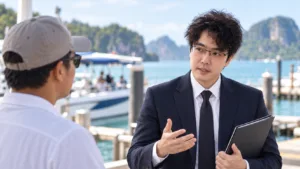 Barrister Garn Tuntasatityanond advising a Phuket tourism operator about foreign tour-guide and work-permit rules
