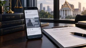 Smartphone and debt agreement illustrating legal risks of posting a debtor on social media in Thailand