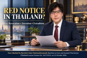 AI-generated editorial image of Barrister Garn Tuntasatityanond reviewing documents, with the headline Red Notice in Thailand and fact-check credentials dated 22 October 2026.